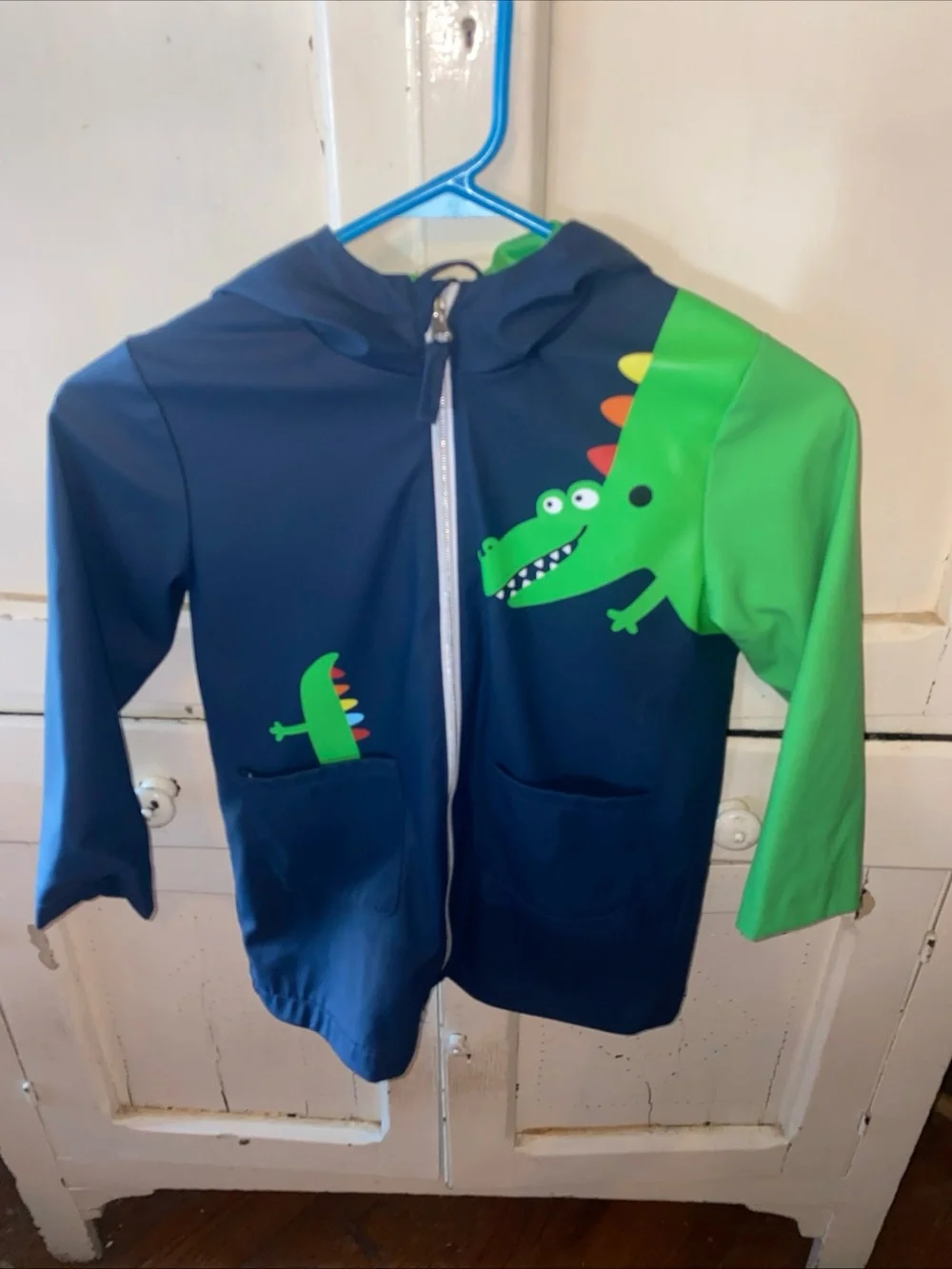 Kids Navy and Green Dino Hooded Swim Jacket